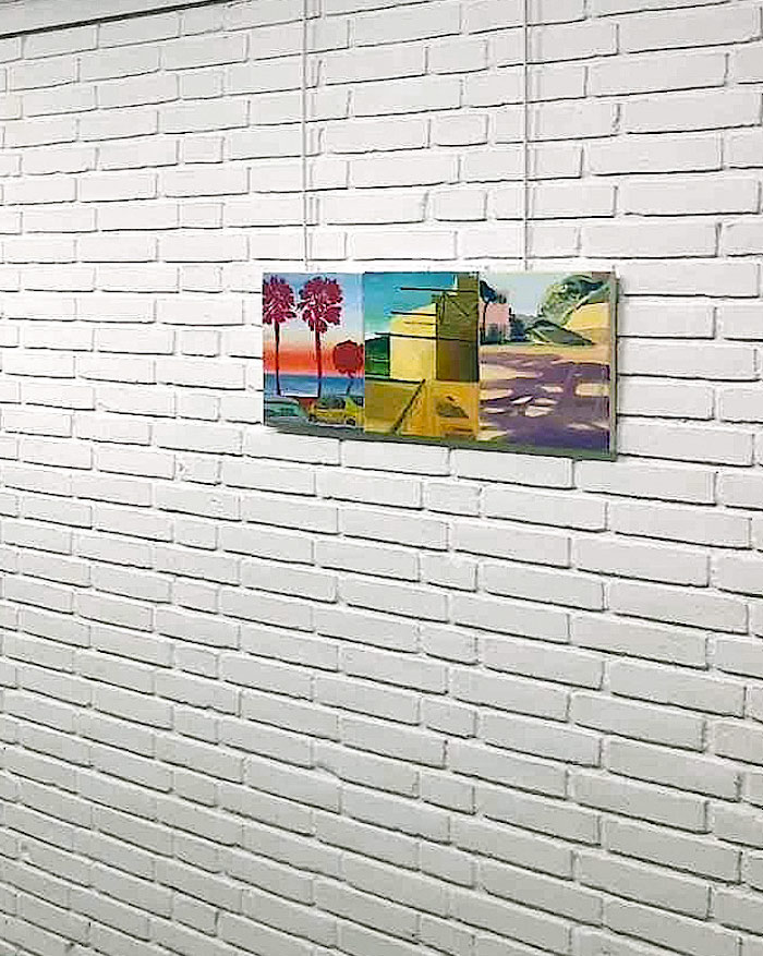 Sunset Blvd | Malerier | Rafael Guerrero Céspedes | Beauton Art Gallery malerier, æstetiske, farverige, landskab, pop, botanik, stemninger, natur, havet, årstider, himmel, transportmidler, blå, lillae, røde, gule,  bomuldslærred, olie, atmosfære, strand, smukke, lyse, biler, byer, samtidskunst, dag, dekorative, fantasi, blomster, moderne-kunst, udendørs, planter, flotte, sceneri, hav, sommer, sol, rolige, rejse, træer, urban, lodret, Køb original kunst og kunstplakater. Malerier, tegninger, limited edition kunsttryk & plakater af dygtige kunstnere.