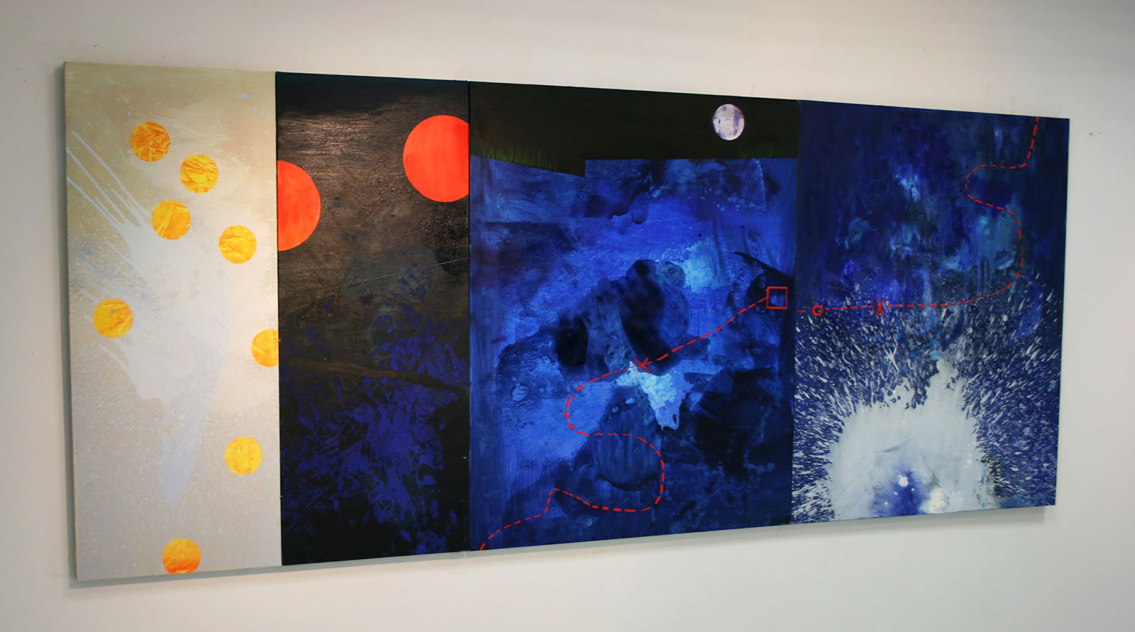 malerier, abstrakte, geometriske, grafiske, mønstre, sorte, blå, orange,  bomuldslærred, olie, abstrakte-former, Køb original kunst af den højeste kvalitet. Malerier, tegninger, limited edition kunsttryk & plakater af dygtige kunstnere.