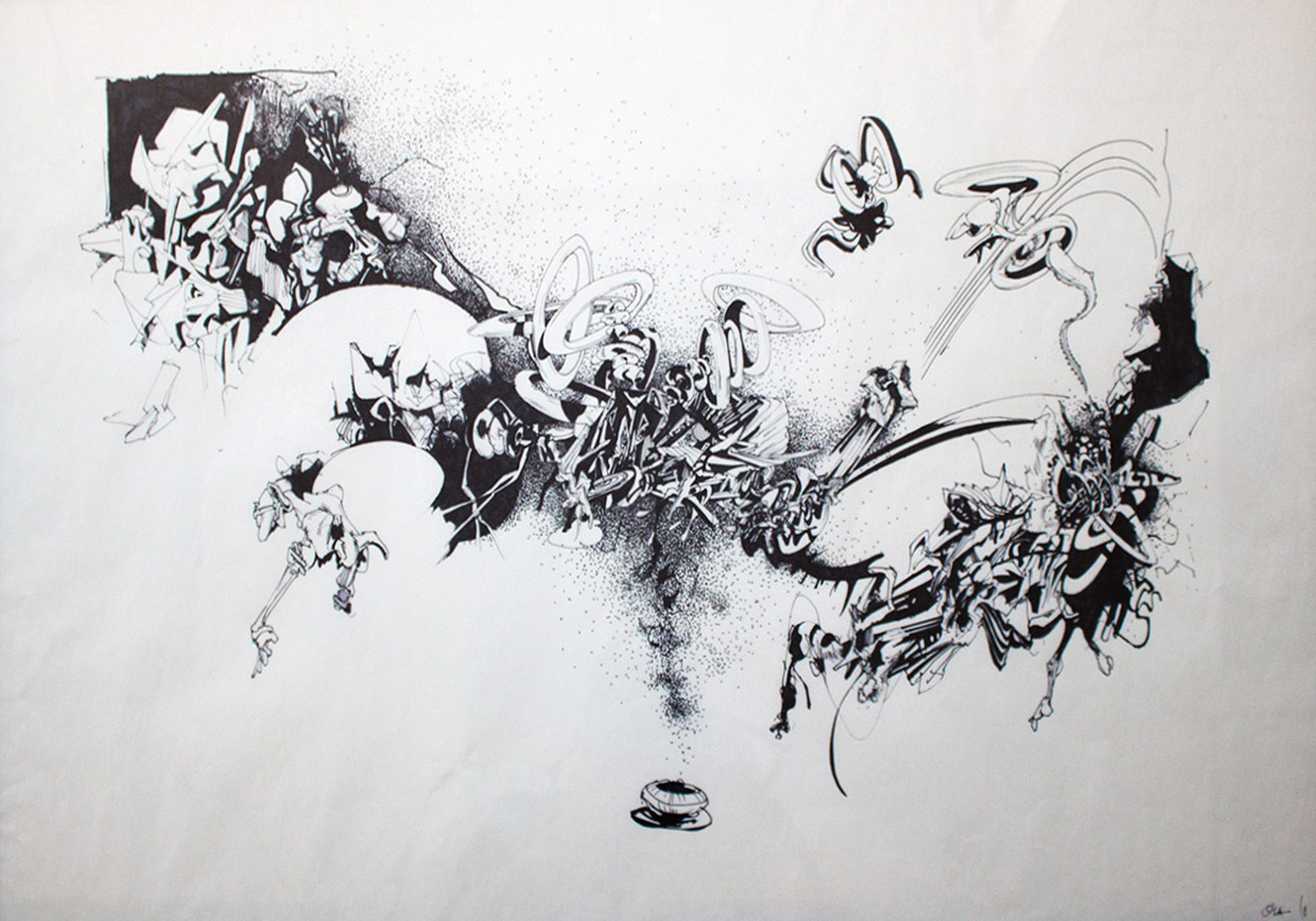 Uden titel VII | Tegninger | Ola Juliussen | Original tegning af Ola Juliussen.Indrammet i håndlavet sort træramme. | Beauton Art Gallery tegninger, æstetiske, ekspressionistiske, grafiske, illustrative, monokrome, arkitektur, botanik, tegneserier, bevægelse, mønstre, sorte, hvide, blæk, papir, tusch, abstrakte-former, arkitektoniske, sort-hvide, samtidskunst, dansk, dekorative, interiør, bolig-indretning, moderne, moderne-kunst, nordisk, skandinavisk, street-art, Køb original kunst og kunstplakater. Malerier, tegninger, limited edition kunsttryk & plakater af dygtige kunstnere.