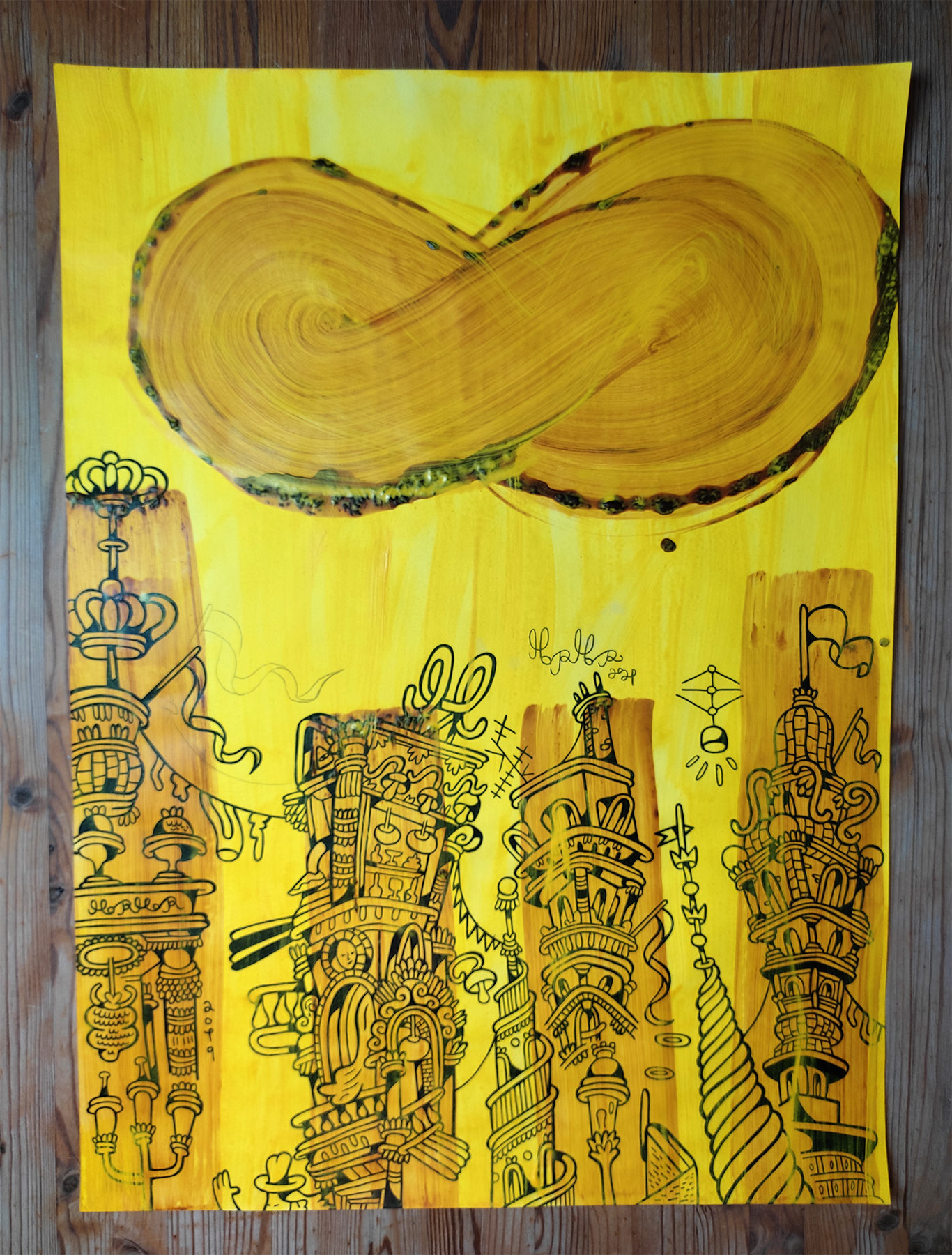 UFO | Tegninger, Malerier | Mormor | "UFO"Original mixed media drawing and painting on paper by Mormor. | Beauton Art Gallery tegninger, malerier, farverige, børnevenlige, grafiske, illustrative, pop, arkitektur, tegneserier, mønstre, himmel, sorte, brune, gule, akryl, blæk, papir,  Lak, andre-medier, arkitektoniske, bygninger, byer, samtidskunst, dansk, dekorative, design, interiør, bolig-indretning, moderne, moderne-kunst, nordisk, pop-art, skandinavisk, Køb original kunst og kunstplakater. Malerier, tegninger, limited edition kunsttryk & plakater af dygtige kunstnere.