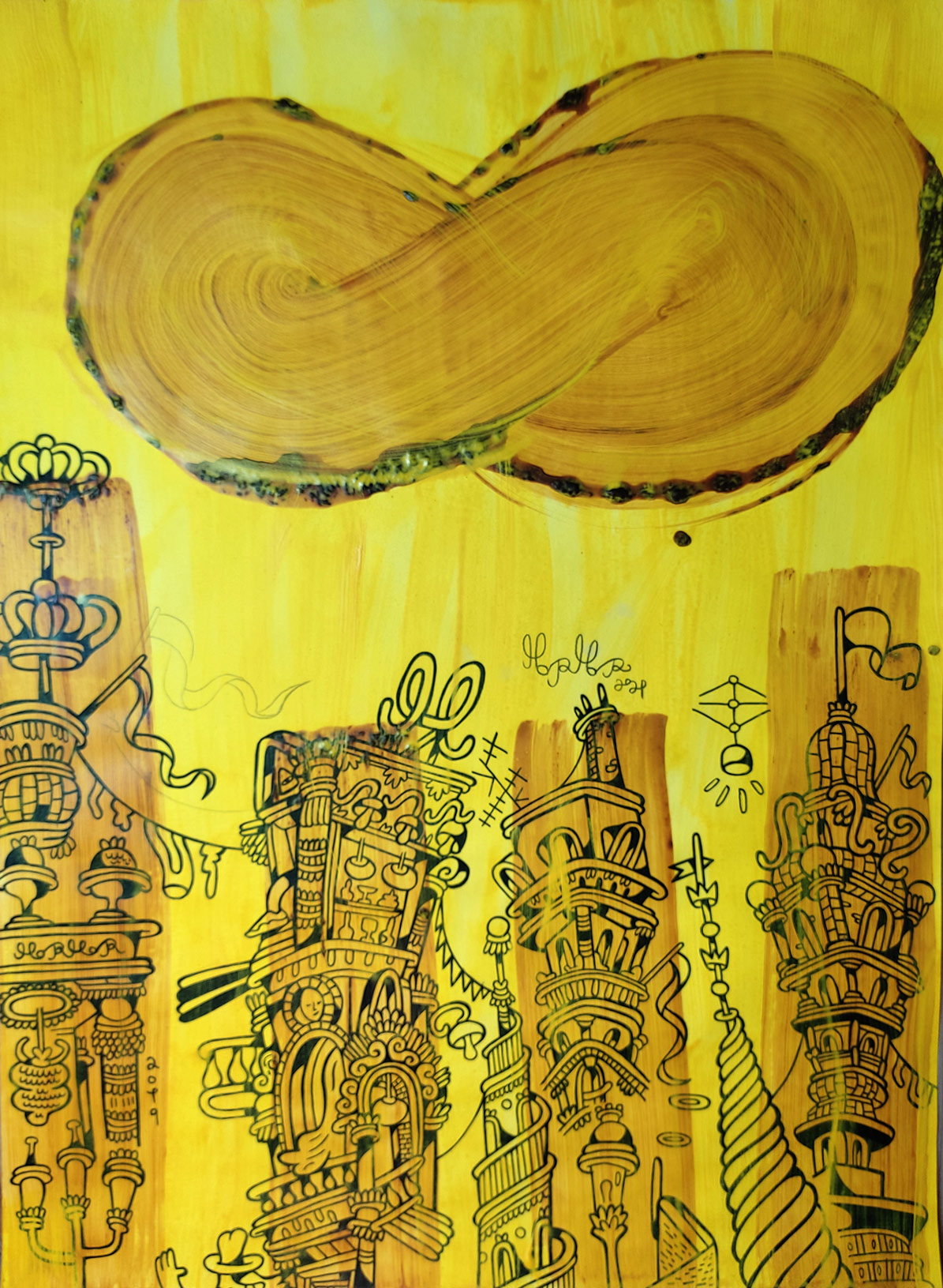 UFO | Tegninger, Malerier | Mormor | "UFO"Original mixed media drawing and painting on paper by Mormor. | Beauton Art Gallery tegninger, malerier, farverige, børnevenlige, grafiske, illustrative, pop, arkitektur, tegneserier, mønstre, himmel, sorte, brune, gule, akryl, blæk, papir,  Lak, andre-medier, arkitektoniske, bygninger, byer, samtidskunst, dansk, dekorative, design, interiør, bolig-indretning, moderne, moderne-kunst, nordisk, pop-art, skandinavisk, Køb original kunst og kunstplakater. Malerier, tegninger, limited edition kunsttryk & plakater af dygtige kunstnere.