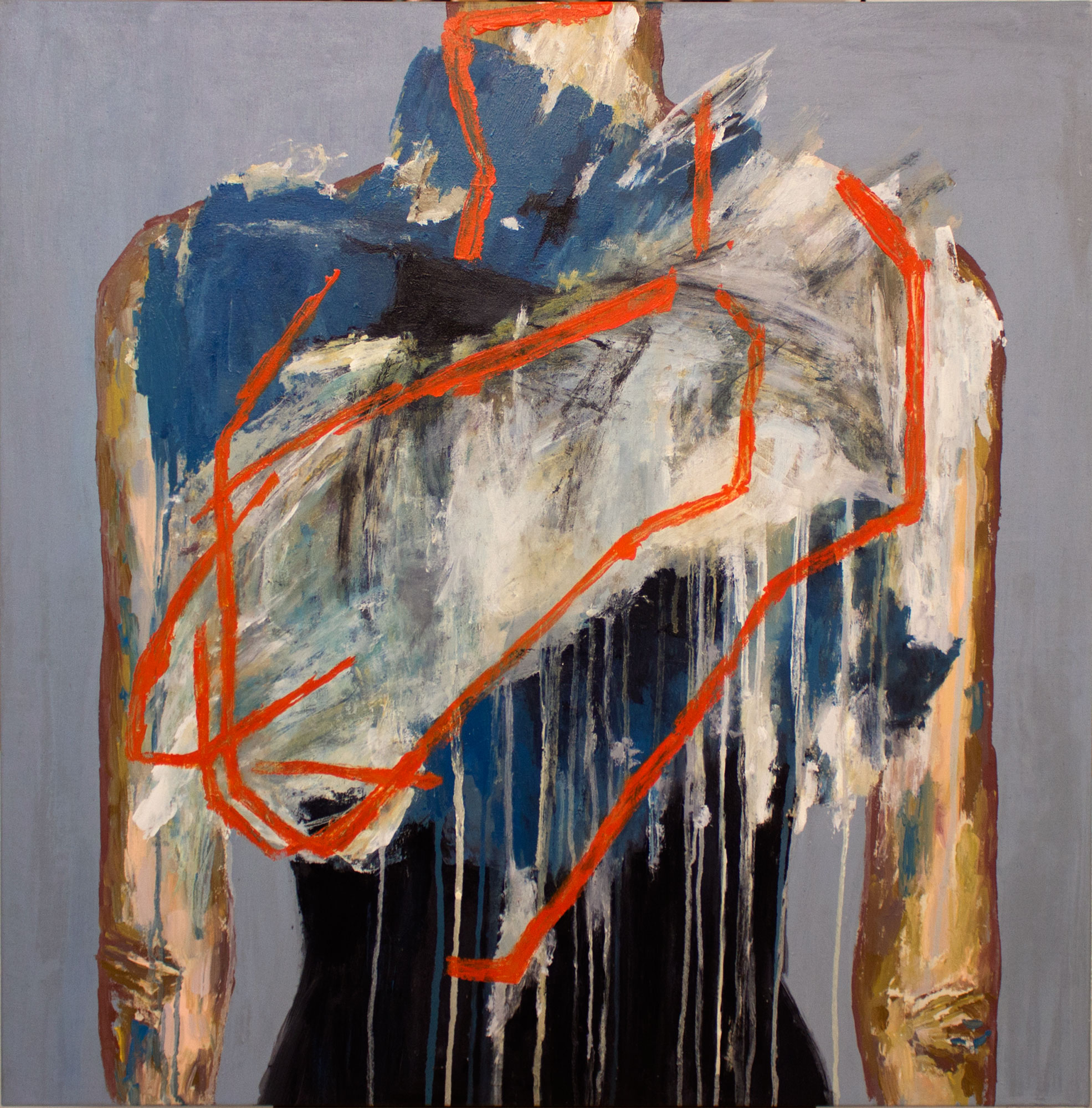 Forward III | Malerier | Rose Marie Brøgger | Beauton Art Gallery malerier, farverige, ekspressionistiske, figurative, kroppe, mennesker, blå, brune, orange, akryl,  bomuldslærred, abstrakte-former, samtidskunst, københavn, dansk, dekorative, design, interiør, bolig-indretning, moderne, moderne-kunst, nordisk, skandinavisk, Køb original kunst og kunstplakater. Malerier, tegninger, limited edition kunsttryk & plakater af dygtige kunstnere.