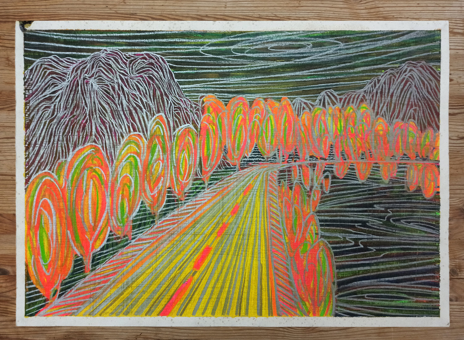 tegninger, malerier, farverige, landskab, minimalistiske, natur, mønstre, sorte, orange, gule, papir, andre-medier, samtidskunst, naturlig, rolige, Køb original kunst og kunstplakater. Malerier, tegninger, limited edition kunsttryk & plakater af dygtige kunstnere.