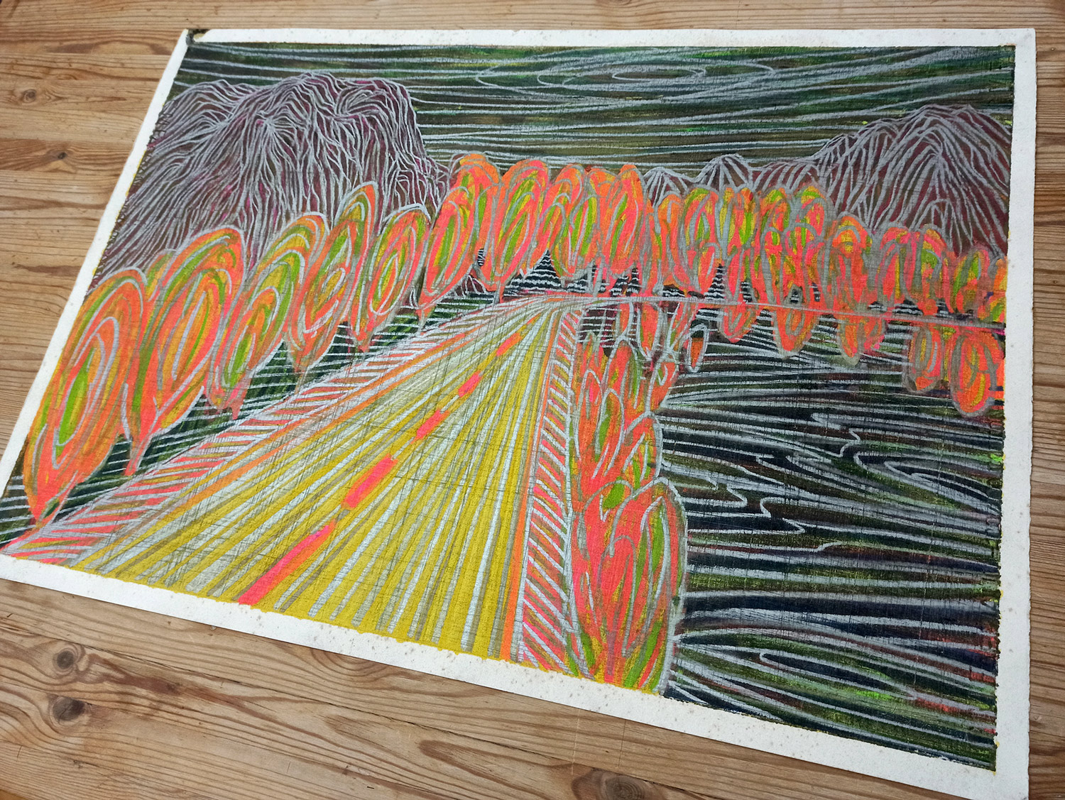 tegninger, malerier, farverige, landskab, minimalistiske, natur, mønstre, sorte, orange, gule, papir, andre-medier, samtidskunst, naturlig, rolige, Køb original kunst og kunstplakater. Malerier, tegninger, limited edition kunsttryk & plakater af dygtige kunstnere.