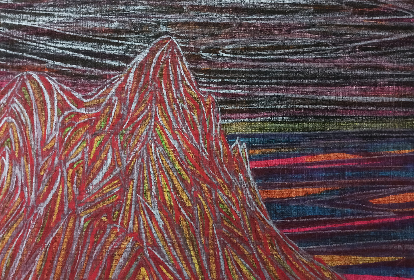 tegninger, farverige, landskab, minimalistiske, natur, himmel, sorte, pastel, røde, violette, kridt, papir, samtidskunst, bjerge, naturlig, rolige, Køb original kunst og kunstplakater. Malerier, tegninger, limited edition kunsttryk & plakater af dygtige kunstnere.