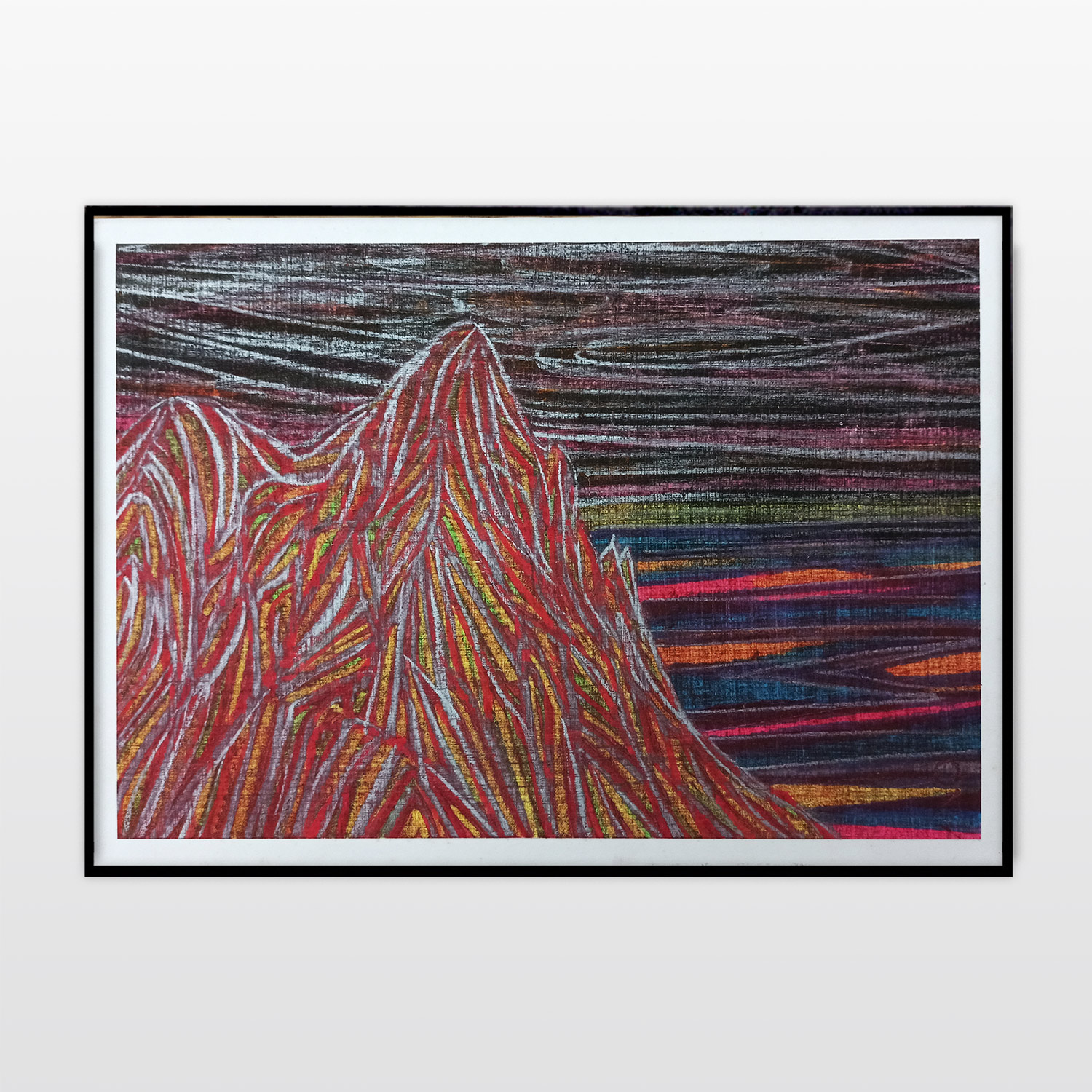 tegninger, farverige, landskab, minimalistiske, natur, himmel, sorte, pastel, røde, violette, kridt, papir, samtidskunst, bjerge, naturlig, rolige, Køb original kunst og kunstplakater. Malerier, tegninger, limited edition kunsttryk & plakater af dygtige kunstnere.