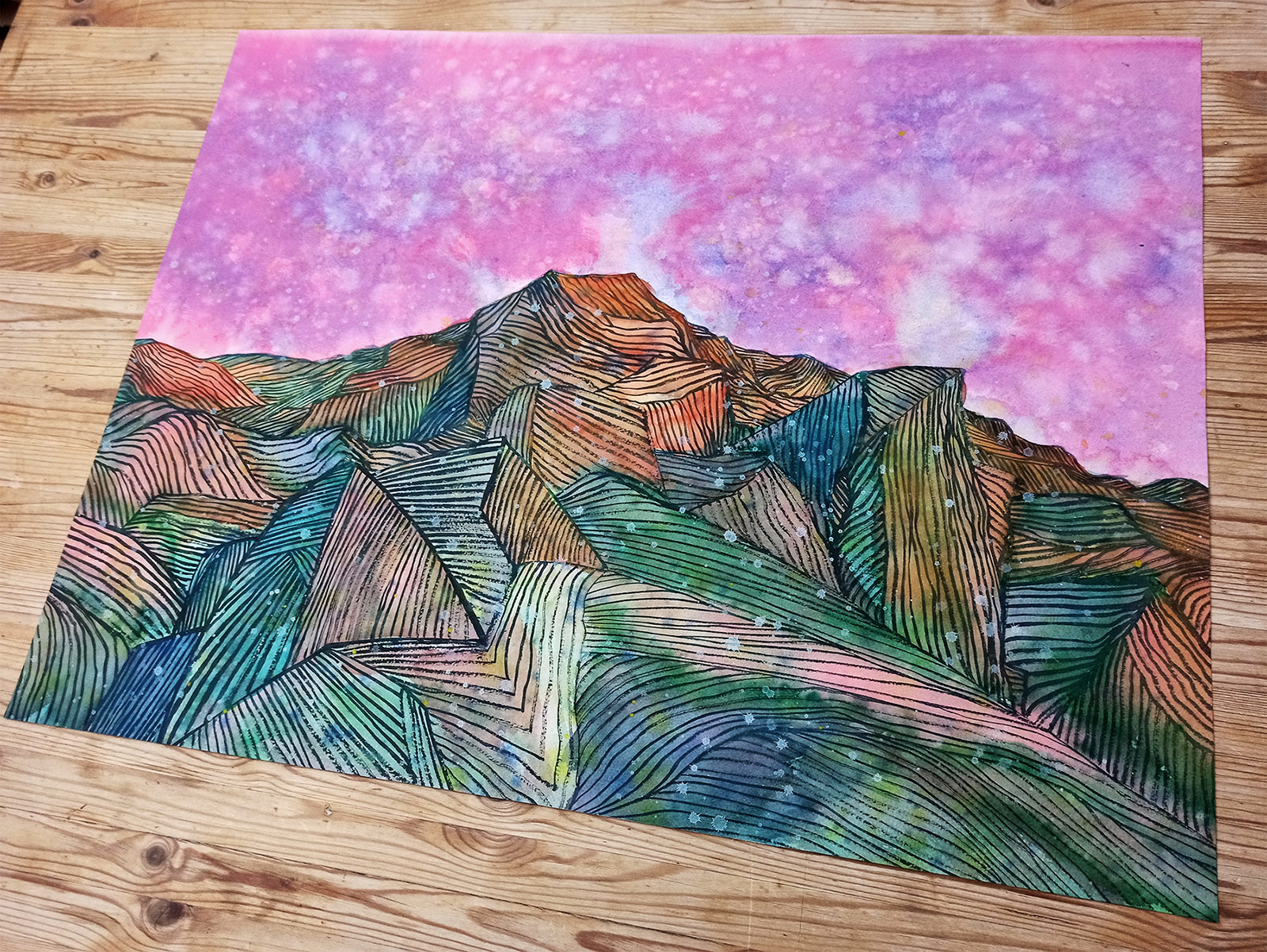 tegninger, malerier, akvarel-malerier, farverige, figurative, landskab, natur, himmel, grønne, pink, violette, kridt, papir, akvarel, andre-medier, samtidskunst, naturlig, rolige, Køb original kunst og kunstplakater. Malerier, tegninger, limited edition kunsttryk & plakater af dygtige kunstnere.