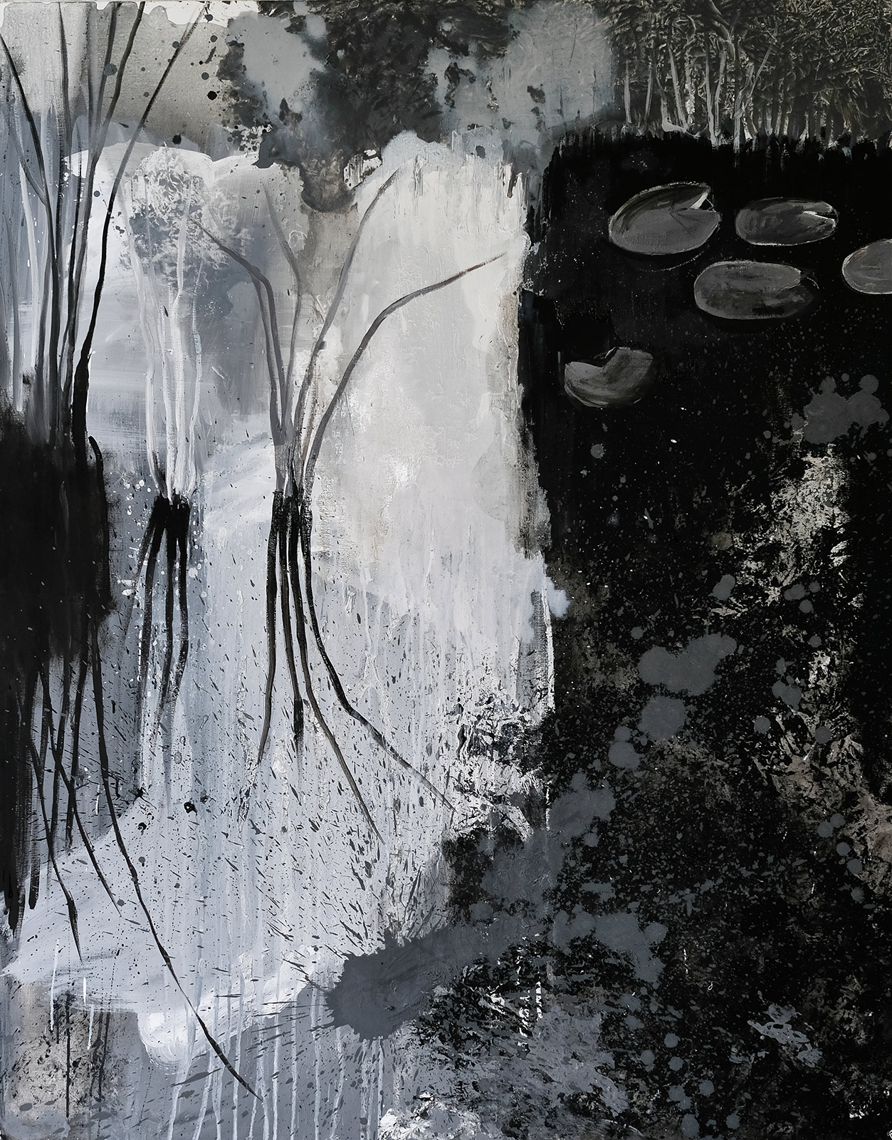 Plants in the Water | Malerier | Agnieszka Zawisza | Beauton Art Gallery malerier, ekspressionistiske, figurative, landskab, monokrome, botanik, natur, havet, sorte, grå, hvide, hørlærred, olie, abstrakte-former, efterår, sort-hvide, samtidskunst, dansk, interiør, bolig-indretning, moderne, moderne-kunst, naturealistiske, vand, Køb original kunst og kunstplakater. Malerier, tegninger, limited edition kunsttryk & plakater af dygtige kunstnere.