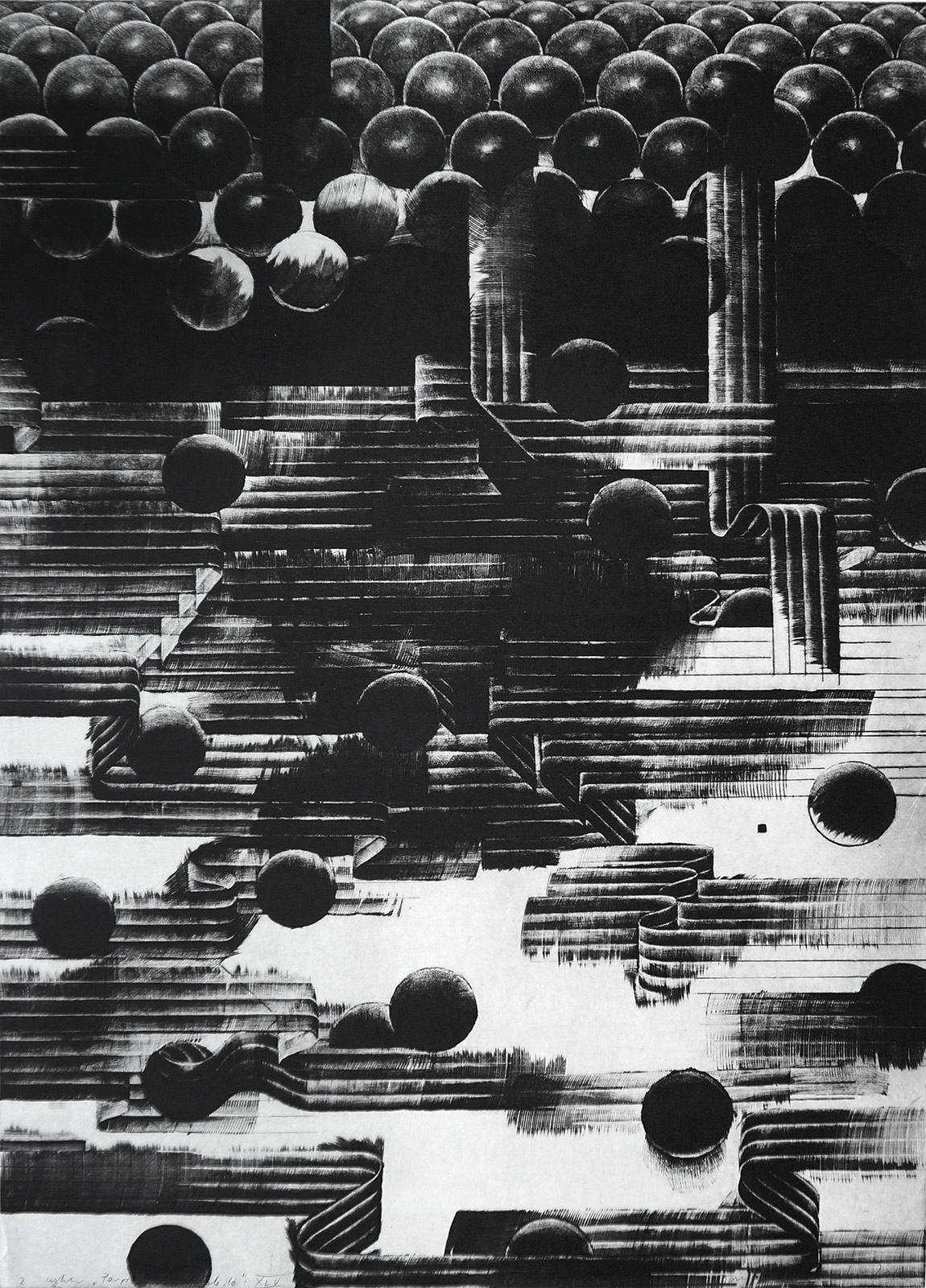 Perpetuum Mobile XLV | Plakater-posters-kunsttryk, Indgraveringer | Tomasz Winiarski | Beauton Art Gallery plakater-posters-kunsttryk, indgraveringer, abstrakte, grafiske, monokrome, mønstre, sorte, grå, hvide, blæk, papir, abstrakte-former, sort-hvide, samtidskunst, moderne, moderne-kunst, plakater, Køb original kunst og kunstplakater. Malerier, tegninger, limited edition kunsttryk & plakater af dygtige kunstnere.