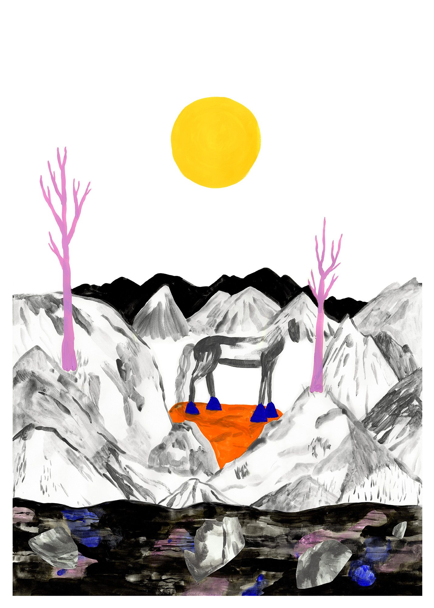 Surrounded | Plakater-posters-kunsttryk, Giclee-tryk | Emilie Aastrup | Beauton Art Gallery plakater-posters-kunsttryk, giclee-tryk, æstetiske, figurative, illustrative, landskab, minimalistiske, dyreliv, botanik, natur, himmel, vilde-dyr, sorte, grå, gule, blæk, papir, atmosfære, smukke, samtidskunst, dansk, dekorative, design, skov, heste, interiør, bolig-indretning, moderne, moderne-kunst, nordisk, plakater, tryk, skandinavisk, sol, Køb original kunst og kunstplakater. Malerier, tegninger, limited edition kunsttryk & plakater af dygtige kunstnere.