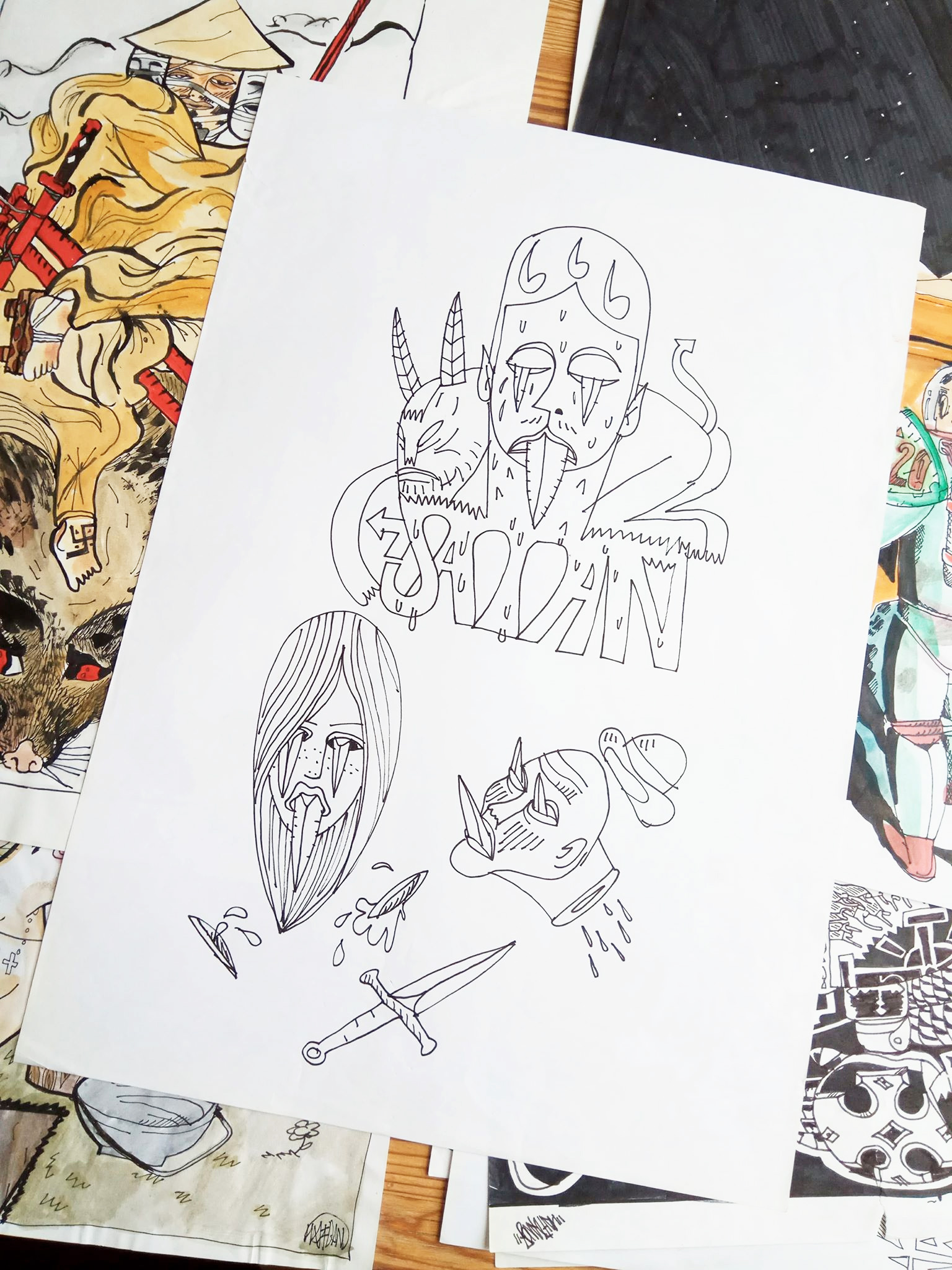 Satan | Tegninger | Halfdan Pisket | Beauton Art Gallery tegninger, illustrative, pop, tegneserier, typografi, sorte, grå, hvide, artliner, papir, tusch, abstrakte-former, Køb original kunst og kunstplakater. Malerier, tegninger, limited edition kunsttryk & plakater af dygtige kunstnere.