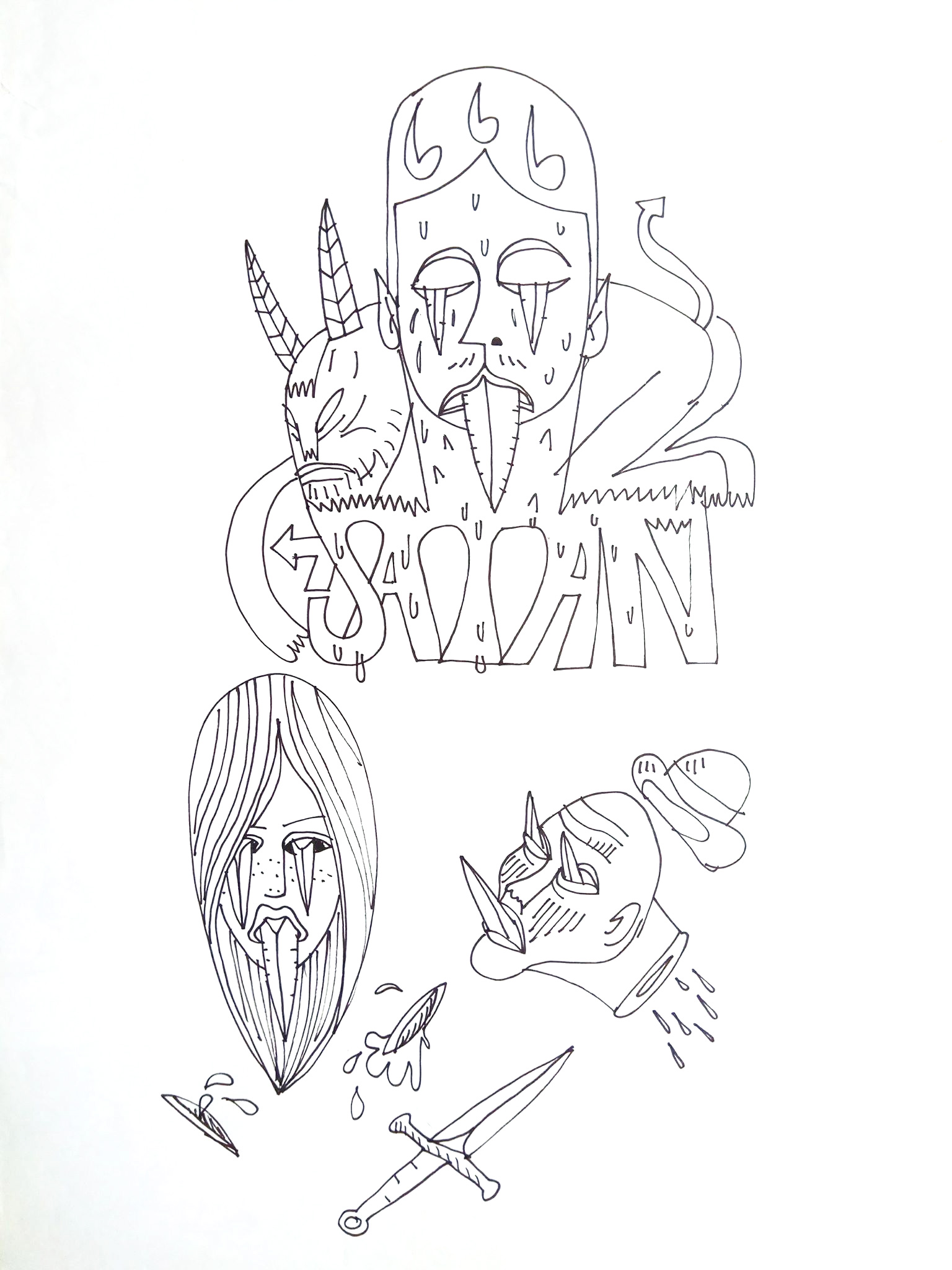 Satan | Tegninger | Halfdan Pisket | Beauton Art Gallery tegninger, illustrative, pop, tegneserier, typografi, sorte, grå, hvide, artliner, papir, tusch, abstrakte-former, Køb original kunst og kunstplakater. Malerier, tegninger, limited edition kunsttryk & plakater af dygtige kunstnere.