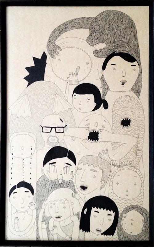 Random People - 65 x 41. En original kunst illustration af kunstner My Buemann. Illustration kommer indrammet i en vintage mørkebrun træramme. Boliger interiør design med original kunst, finurlige tegninger sjove og skæve figurer af talentfulde kunstnere.