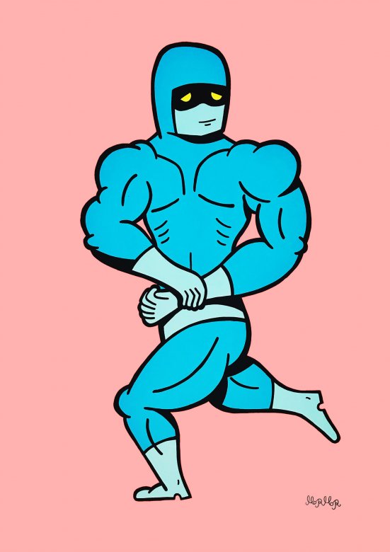 Hero #1 | Plakater-posters-kunsttryk, Giclee-tryk | Mormor | Beauton Art Gallery plakater-posters-kunsttryk, giclee-tryk, børnevenlige, illustrative, pop, kroppe, tegneserier, humor, sorte, blå, røde, blæk, papir, sjove, dansk, dekorative, design, interiør, bolig-indretning, mænd, nordisk, skandinavisk, skitse, street-art, Køb original kunst og kunstplakater. Malerier, tegninger, limited edition kunsttryk & plakater af dygtige kunstnere.