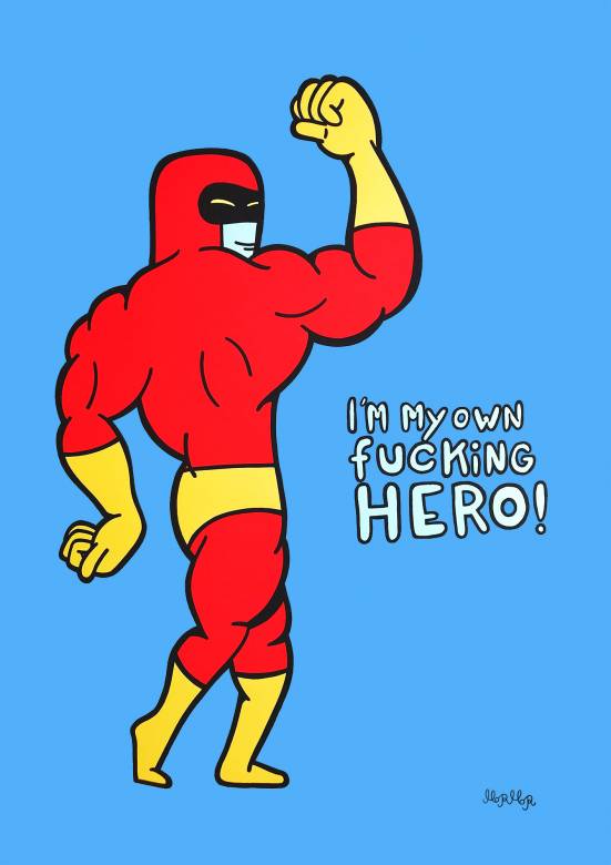 I´m my own fucking Hero! (Blå) | Kunsttryk, Gicleé | Mormor | Gicleé kunsttryk af MormorTrykt med high-grade pigmenteret blæk på 200 gr./m2 syrefrit kunstpapir.Passer til en standard A3 ramme. Ramme er ikke inkluderet. | Beauton Art Gallery kunsttryk, gicleé, farverige, børnevenlige, grafiske, pop, kroppe, tegneserier, blå, røde, gule, blæk, papir, sjove, samtidskunst, københavn, dansk, dekorative, design, interiør, bolig-indretning, moderne, moderne-kunst, nordisk, skandinavisk, street-art, teenage, Køb original kunst og kunstplakater. Malerier, tegninger, limited edition kunsttryk & plakater af dygtige kunstnere.