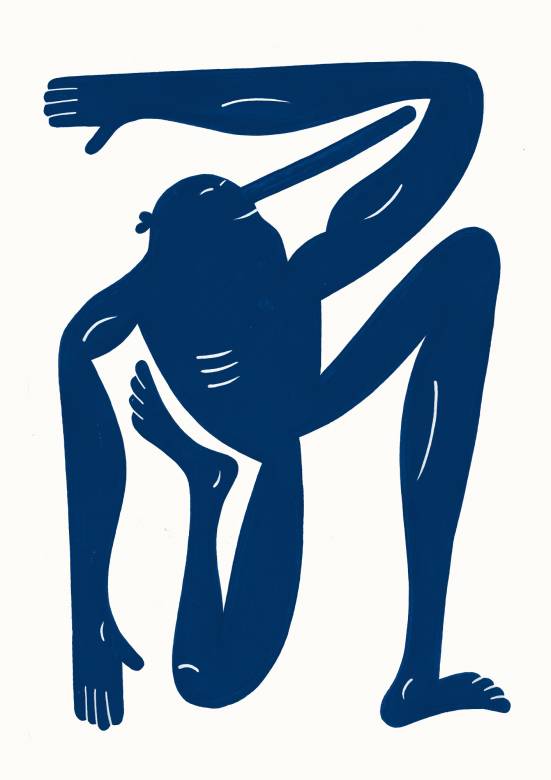 Yoga Exercise RN II - Blue | Kunsttryk, Gicleé | Mormor | Beauton Art Gallery kunsttryk, gicleé, børnevenlige, grafiske, illustrative, monokrome, pop, kroppe, hverdagsliv, humor, bevægelse, mennesker, blå, hvide, blæk, papir, sjove, samtidskunst, københavn, dansk, design, interiør, bolig-indretning, moderne, moderne-kunst, nordisk, plakater, tryk, skandinavisk, Køb original kunst og kunstplakater. Malerier, tegninger, limited edition kunsttryk & plakater af dygtige kunstnere.
