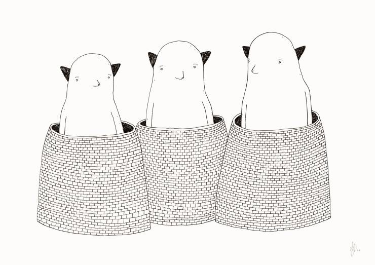 Three Monsters | Kunsttryk, Gicleé | My Buemann | Gicleé kunstplakat af My Buemann.Trykt med pigmenteret UV-beskyttet blæk på 200 gr./m2 kunstpapir.Kunsttrykket passer til en A3. Ramme er ikke inkluderet.Pakkes forsvarligt i en kartonæske. | Beauton Art Gallery kunsttryk, gicleé, dyr, børnevenlige, figurative, illustrative, minimalistiske, tegneserier, børn, humor, sorte, hvide, blæk, papir, sjove, dansk, dekorative, design, interiør, bolig-indretning, kærlighed, nordisk, plakater, tryk, skandinavisk, Køb original kunst og kunstplakater. Malerier, tegninger, limited edition kunsttryk & plakater af dygtige kunstnere.