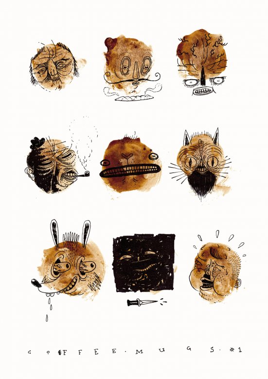Coffee Mugs #1 | Plakater-posters-kunsttryk, Giclee-tryk | Patrick Ringsborg | Beauton Art Gallery plakater-posters-kunsttryk, giclee-tryk, abstrakte, børnevenlige, humor, mønstre, mennesker, sorte, brune, hvide, papir, sjove, samtidskunst, dansk, dekorative, design, ansigter, interiør, bolig-indretning, moderne, moderne-kunst, nordisk, plakater, tryk, skandinavisk, Køb original kunst og kunstplakater. Malerier, tegninger, limited edition kunsttryk & plakater af dygtige kunstnere.