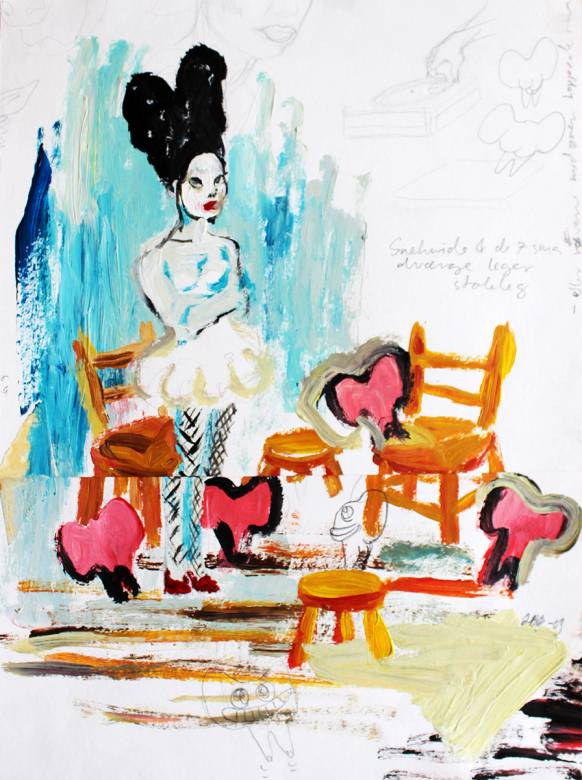 Snehvide og dværge | Tegninger | Louise Bech Pedersen | Beauton Art Gallery tegninger, farverige, børnevenlige, surrealistiske, børn, mennesker, orange, røde, turkise, akryl, papir, olie, blyant, andre-medier, abstrakte-former, smukke, lyse, sød, dekorative, ansigter, fantasi, kvindelig, naive, skitse, lodret, kvinder, Køb original kunst af den højeste kvalitet. Malerier, tegninger, limited edition kunsttryk & plakater af dygtige kunstnere.