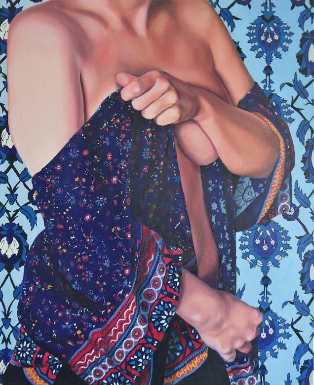 Skam | Malerier | Aleksandra Kalisz | Beauton Art Gallery malerier, æstetiske, figurative, portræt, kroppe, seksualitet, sorte, blå, røde,  bomuldslærred, olie, samtidskunst, erotiske, interiør, bolig-indretning, moderne, moderne-kunst, naturlig, naturealistiske, nordisk, nøgen, plakater, skandinavisk, seksuel, Køb original kunst og kunstplakater. Malerier, tegninger, limited edition kunsttryk & plakater af dygtige kunstnere.