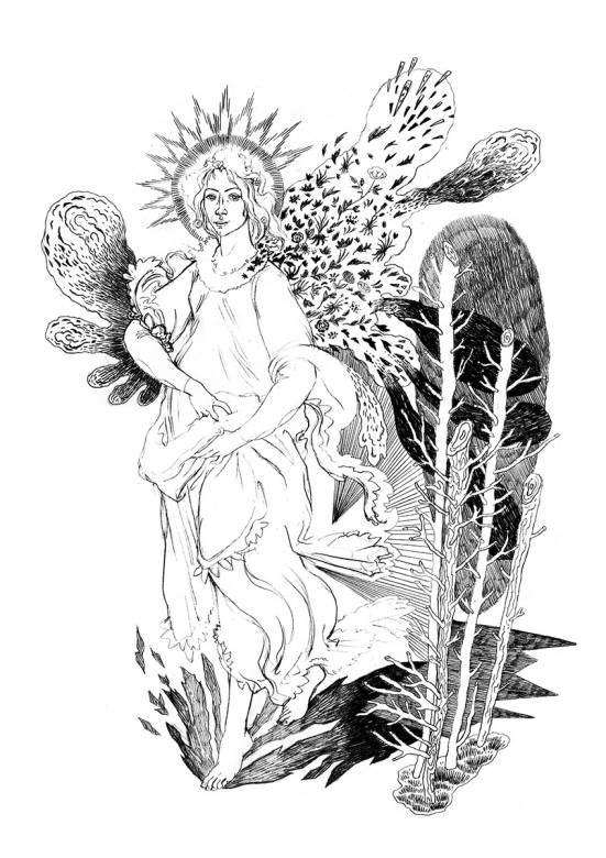 Botticelli II (Primavera) | Plakater-posters-kunsttryk, Giclee-tryk | Louise Bech Pedersen | Beauton Art Gallery plakater-posters-kunsttryk, giclee-tryk, æstetiske, figurative, monokrome, kroppe, botanik, seksualitet, sorte, hvide, blæk, papir, smukke, sort-hvide, samtidskunst, dansk, dekorative, kvindelig, blomster, interiør, bolig-indretning, moderne, moderne-kunst, nordisk, nøgen, planter, flotte, skandinavisk, Køb original kunst og kunstplakater. Malerier, tegninger, limited edition kunsttryk & plakater af dygtige kunstnere.