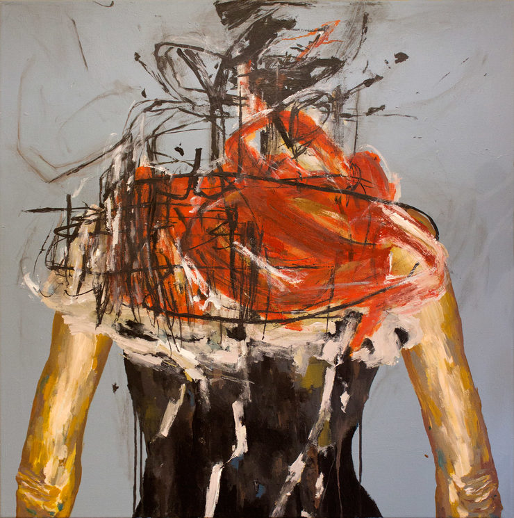 Forward II | Malerier | Rose Marie Brøgger | Originalt maleri af Rosemarie Brøgger | Beauton Art Gallery malerier, abstrakte, æstetiske, ekspressionistiske, portræt, kroppe, bevægelse, mennesker, sorte, grå, orange, akryl,  bomuldslærred, abstrakte-former, samtidskunst, dekorative, ekspressionisme, interiør, bolig-indretning, kvinder, Køb original kunst og kunstplakater. Malerier, tegninger, limited edition kunsttryk & plakater af dygtige kunstnere.