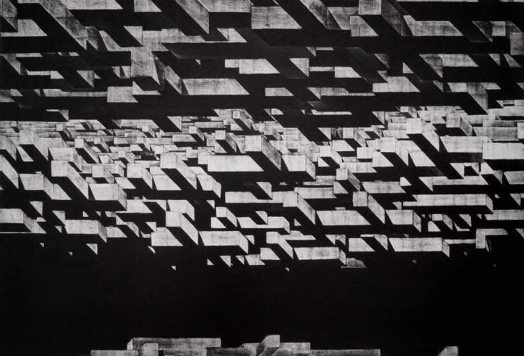 Perpetuum Mobile LIX | Kunsttryk, Engraveringer | Tomasz Winiarski | Beauton Art Gallery kunsttryk, engraveringer, abstrakte, æstetiske, monokrome, arkitektur, bevægelse, mønstre, sorte, grå, hvide, blæk, papir, abstrakte-former, dekorative, design, interiør, bolig-indretning, nordisk, skandinavisk, Køb original kunst og kunstplakater. Malerier, tegninger, limited edition kunsttryk & plakater af dygtige kunstnere.