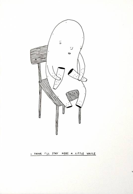 I think I will stay here a little while - 30 x 21. En original illustration af My Buemann. Illustrationen er indrammet i en sort træramme. Sort hvid illustrationer perfekt til hjemmet bolig indretning, original kunst, gave ide, gallerier, dygtige kunstnere, tegnere