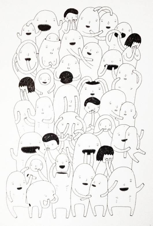 Random people #2 - 42 x 30 - A3. En original kunst illustration af kunstner My Buemann. Illustrationen er indrammet i en sort træramme. Boliger interiør design med original kunst, finurlige tegninger sjove og skæve figurer af talentfulde kunstnere.