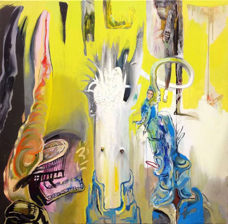 Extraordinary Helmets Have A Meeting | Malerier | Piotr Dudek | Beauton Art Gallery malerier, farverige, ekspressionistiske, stemninger, bevægelse, blå, grå, hvide, gule,  bomuldslærred, tusch, olie, abstrakte-former, ekspressionisme, ansigter, Køb original kunst af den højeste kvalitet. Malerier, tegninger, limited edition kunsttryk & plakater af dygtige kunstnere.