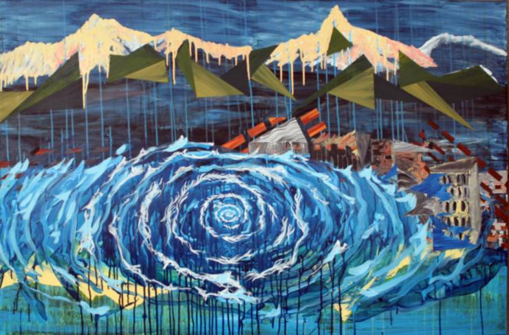 Tsunami I | Malerier | Anja Hemmingsen | Beauton Art Gallery malerier, farverige, ekspressionistiske, landskab, stemninger, bevægelse, natur, årstider, blå, grønne, turkise, gule, akryl,  bomuldslærred, københavn, dansk, dekorative, design, ekspressionisme, interiør, bolig-indretning, bjerge, naive, nordisk, skandinavisk, sceneri, levende, vand, Køb original kunst og kunstplakater. Malerier, tegninger, limited edition kunsttryk & plakater af dygtige kunstnere.