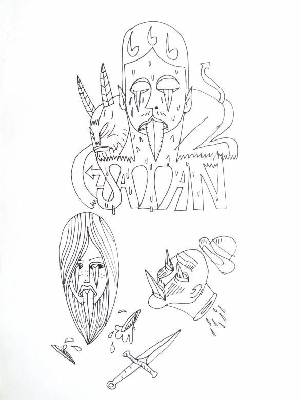 Satan | Tegninger | Halfdan Pisket | Beauton Art Gallery tegninger, illustrative, pop, tegneserier, typografi, sorte, grå, hvide, artliner, papir, tusch, abstrakte-former, Køb original kunst og kunstplakater. Malerier, tegninger, limited edition kunsttryk & plakater af dygtige kunstnere.