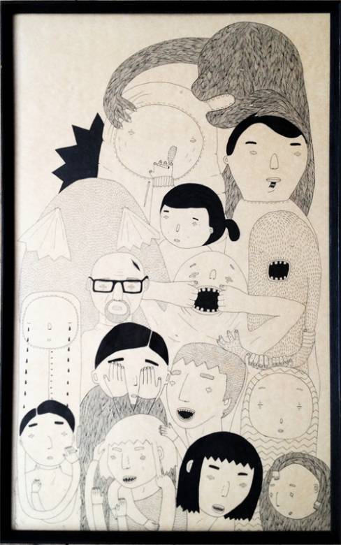 Random People - 65 x 41. En original kunst illustration af kunstner My Buemann. Illustration kommer indrammet i en vintage mørkebrun træramme. Boliger interiør design med original kunst, finurlige tegninger sjove og skæve figurer af talentfulde kunstnere.