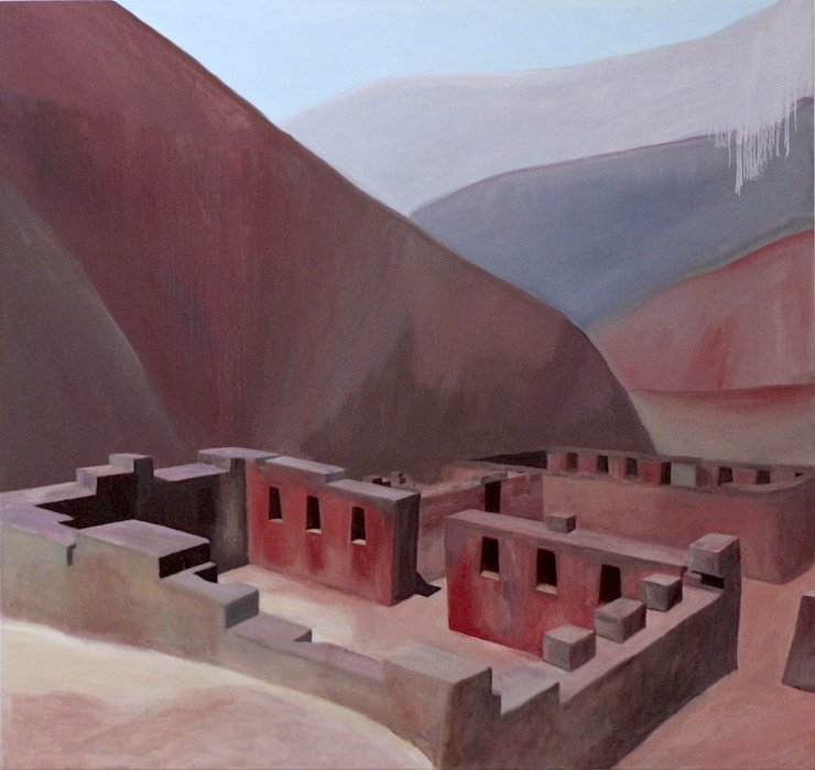 Frivilligt Forladt III | Malerier | Rafael Guerrero Céspedes | Originalt oliemaleri af Rafael Guerrero Cespedes | Beauton Art Gallery malerier, farverige, figurative, grafiske, landskab, arkitektur, natur, himmel, blå, brune, røde, violette, hørlærred, olie, bygninger, samtidskunst, dansk, dekorative, design, interiør, bolig-indretning, moderne, moderne-kunst, bjerge, nordisk, skandinavisk, Køb original kunst og kunstplakater. Malerier, tegninger, limited edition kunsttryk & plakater af dygtige kunstnere.