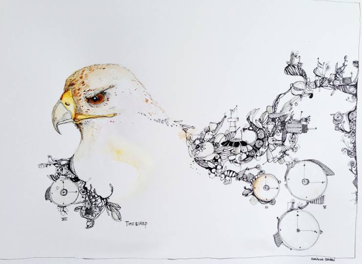 Timewarp - 40 x 29 cm. En original illustration af Marianne Stenberg illustrationer perfekt til hjemmet bolig indretning, original kunst, gave ide, gallerier, dygtige kunstnere, tegnere Collage udstillet i ramme