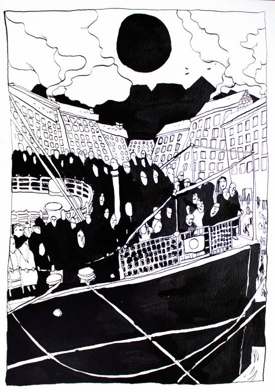 Uden Titel VI | Tegninger | Halfdan Pisket | Beauton Art Gallery tegninger, grafiske, illustrative, monokrome, portræt, arkitektur, havet, sejlads, transportmidler, sorte, hvide, papir, tusch, sort-hvide, både, bygninger, fartøjer, Køb original kunst og kunstplakater. Malerier, tegninger, limited edition kunsttryk & plakater af dygtige kunstnere.