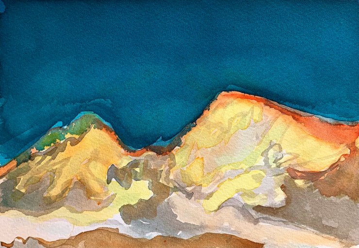 gouache-malerier, akvarel-malerier, abstrakte, æstetiske, landskab, natur, himmel, blå, brune, gule, papir, akvarel, smukke, samtidskunst, dekorative, design, interiør, bolig-indretning, moderne, moderne-kunst, bjerge, Køb original kunst og kunstplakater. Malerier, tegninger, limited edition kunsttryk & plakater af dygtige kunstnere.