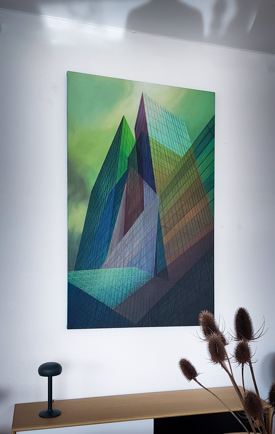 Technically, the painting excels through its sophisticated layering and intricate geometric line-work, granting the translucent surfaces a captivating inner glow. A distinguished artwork that seamlessly merges architectural precision with poetic atmosphere, bringing impressive depth and modern sophistication to any interior decor space. Decorate with modern art.