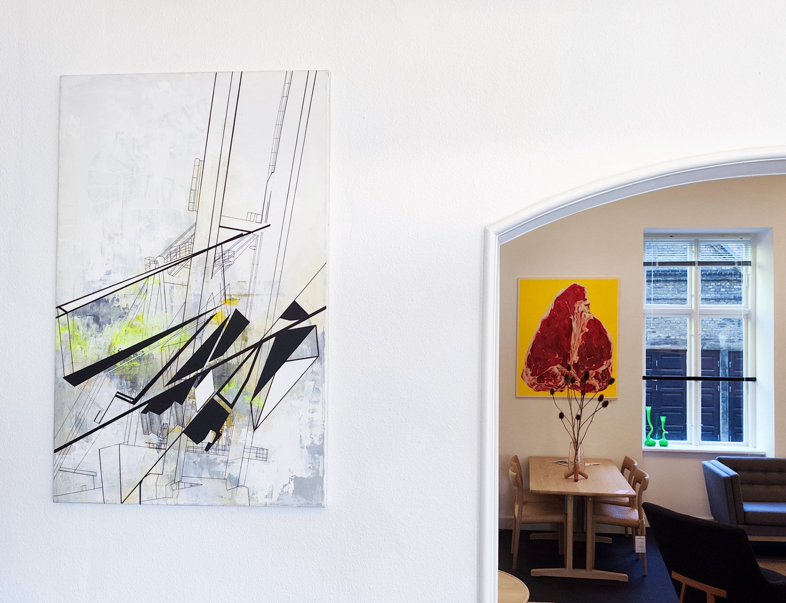 Man 2.0 (Yellow), an original painting by Rose Marie Brøgger & Untitled II, an original painting by Tina Louise Hunderup