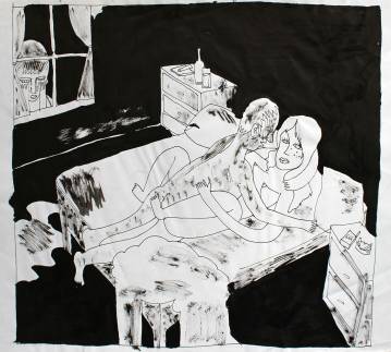 Original tegning af Halfdan Pisket. Indrammet i klassisk sort ramme med glas. Beauton Art Gallery - Malerier, tegninger og illustrationer sex mand kvinde sort hvid dreng kigger på stærke og udtryksfulde kunst illustrationer og tegninger, dygtig dansk illustrator, tegner, faverige ttt