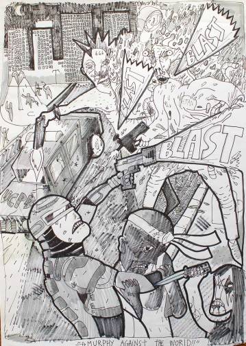 RoboCop II | Tegninger | Halfdan Pisket | Beauton Art Gallery tegninger, figurative, geometriske, portræt, surrealistiske, arkitektur, sorte, hvide, artliner, papir, tusch, fantasi, Køb original kunst og kunstplakater. Malerier, tegninger, limited edition kunsttryk & plakater af dygtige kunstnere.