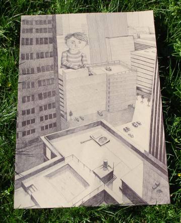 foto tegning af dreng i storby, huse, bygninger, skyskraber, kunst tegninger og illustrationer online, dygtige kunstnere, kunst på nettet