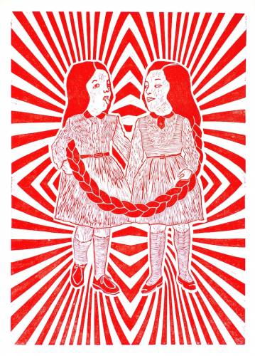 Conjoined in red | Kunsttryk, Linoleumstryk | Monika Petersen | Beauton Art Gallery kunsttryk, linoleumstryk, figurative, grafiske, pop, portræt, børn, humor, stemninger, mønstre, røde, hvide, blæk, papir, abstrakte-former, sjove, københavn, dansk, dekorative, design, piger, interiør, bolig-indretning, kærlighed, nordisk, romantiske, skandinavisk, Køb original kunst og kunstplakater. Malerier, tegninger, limited edition kunsttryk & plakater af dygtige kunstnere.