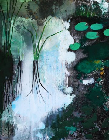 Planter i vandet III | Malerier | Agnieszka Zawisza | Beauton Art Gallery malerier, æstetiske, illustrative, landskab, kroppe, havet, sorte, grønne, hvide,  bomuldslærred, olie, efterår, smukke, samtidskunst, dekorative, design, interiør, bolig-indretning, moderne, moderne-kunst, planter, vand, Køb original kunst og kunstplakater. Malerier, tegninger, limited edition kunsttryk & plakater af dygtige kunstnere.