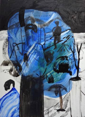 The task of making up a real world - 30 x 42 cm. Et originalt maleri af kunstner Emilie Aastrup. abstrakt maleri med blålige farver, online kunst galleri