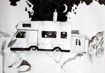 Camper | Tegninger, Akvareller | Emilie Aastrup | Beauton Art Gallery tegninger, akvareller, æstetiske, figurative, landskab, monokrome, botanik, natur, himmel, sorte, hvide, artliner, blæk, papir, akvarel, sort-hvide, biler, dekorative, interiør, bolig-indretning, sceneri, træer, Køb original kunst og kunstplakater. Malerier, tegninger, limited edition kunsttryk & plakater af dygtige kunstnere.