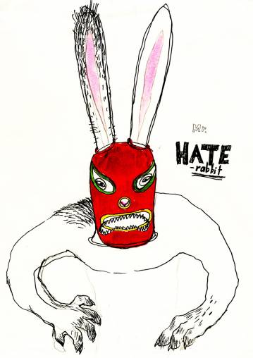 Mr. Hate Rabbit | Plakater-posters-kunsttryk, Giclee-tryk | Louise Bech Pedersen | Beauton Art Gallery plakater-posters-kunsttryk, giclee-tryk, illustrative, kroppe, tegneserier, humor, vilde-dyr, sorte, røde, hvide, papir, sjove, samtidskunst, dansk, dekorative, design, had, interiør, bolig-indretning, moderne, moderne-kunst, nordisk, skandinavisk, skitse, vilde-dyr, Køb original kunst og kunstplakater. Malerier, tegninger, limited edition kunsttryk & plakater af dygtige kunstnere.