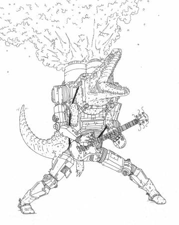 Alligator Android - 29,7 x 42 cm., A3. En original illustration af Rune Alexandersen.  Tegningen er udført på tykt syrefrit arkiverbart papir. Tegningen kommer ikke indrammet. guitar, krokedille, røg, illustrationer og tegninger, kunst, kunstgalleri, galleri, sjov tegning, street art, pop kultur, inspiration,