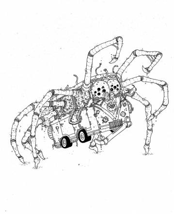 The Spider - 29,7 x 42 cm., A3. En original illustration af Rune Alexandersen.  Tegningen er udført på tykt syrefrit arkiverbart papir. Tegningen kommer ikke indrammet. edderkop, bus, illustrationer og tegninger, kunst, kunstgalleri, galleri, sjov tegning, street art, pop kultur, inspiration,
