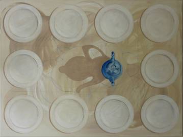 Dessert - 120 x 90. Et maleri af Lene Berg. Maleri til salg lyse farver beige hvid blå - Moderne kunst galleri, bedste online kunst, malerier, boligindretning